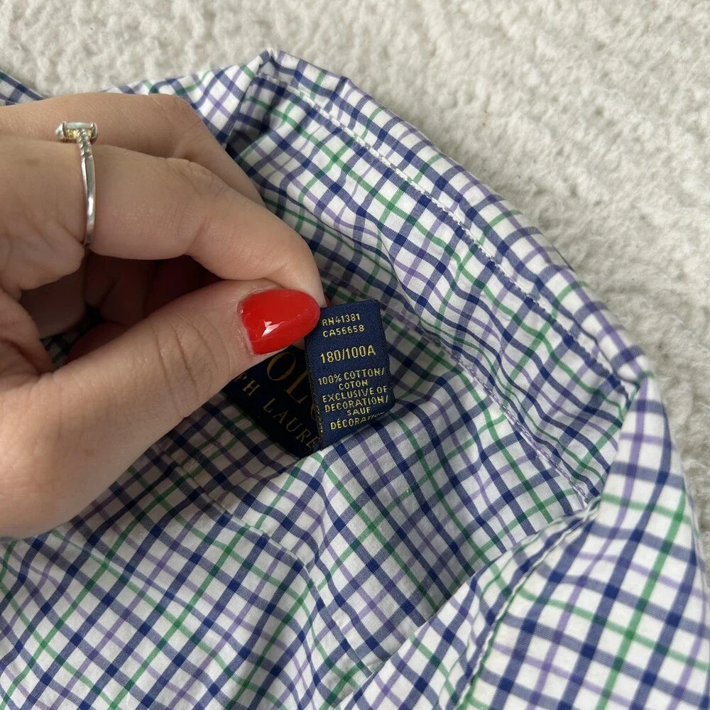 Polo Ralph Lauren Shirt Mens Large Blue Green Check Long Sleeve Button Down